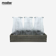Masflex 6 piece Glass Milk Bottle Set with Wooden Tray MX-69007