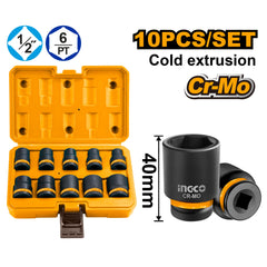Ingco 10Pcs 1/2 Inch Industrial Impact Driver Socket Set HKISSD12101