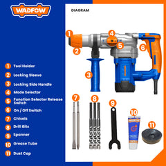 Wadfow Rotary Hammer / Chipping Gun with SDS Plus Chuck System 1050 Watts