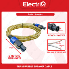 Electriq l 5 Meters Transparent Speaker Cable 2C 16 AWG with Anti-Slip Speakon Connector