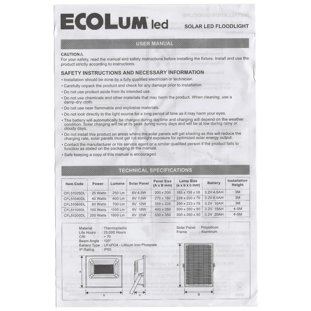 Ecolum Solar LED Floodlight 200W / 1500 Lumens Daylight CFL51200DL - Winland Depot