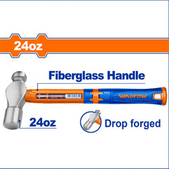 Wadfow Drop-Forged Carbon Steel Hammerhead Ball Pein Hammer With Fiberglass Handle WAD-HT