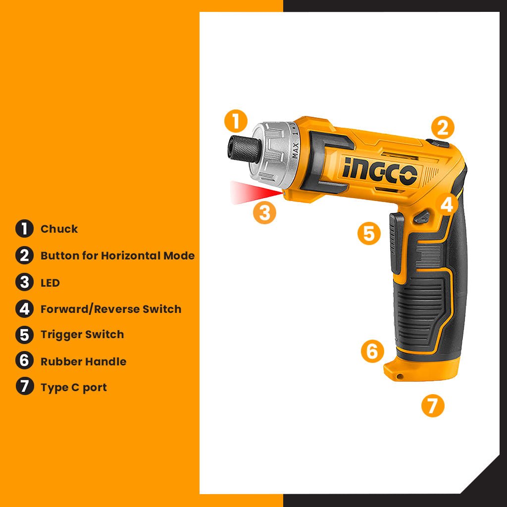 Ingco 8V / 1/4 Inch Lithium - Ion Cordless Screwdriver CSDLI0802 - Winland Depot