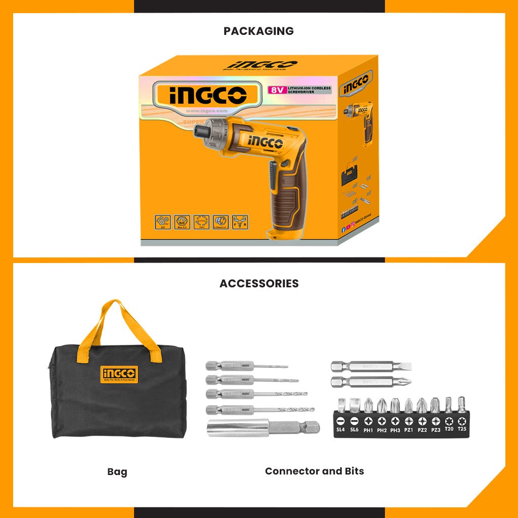 Ingco 8V / 1/4 Inch Lithium - Ion Cordless Screwdriver CSDLI0802 - Winland Depot