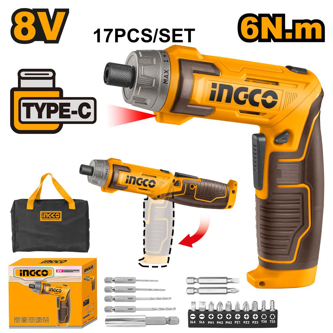 Ingco 8V / 1/4 Inch Lithium - Ion Cordless Screwdriver CSDLI0802 - Winland Depot