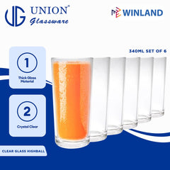 Union GLASS Thailand Clear Glass Highball Water, Juice, Soda, Liquor Glass 340ml Set of 6