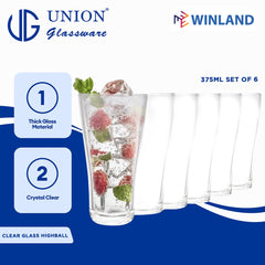 Union GLASS Thailand Clear Glass Highball Water, Juice, Soda, Liquor Glass 375ml Set of 6
