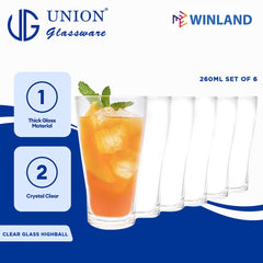Union GLASS Thailand Clear Glass Highball Water, Juice, Soda, Liquor Glass 260ml Set of 6