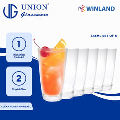 Union GLASS Thailand Clear Glass Highball Water, Juice, Soda, Liquor Glass 345ml Set of 6