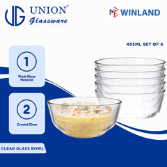 Union GLASS Thailand Premium Clear Glass Bowl 405ml | 4.6oz | 4.6" Set of 6