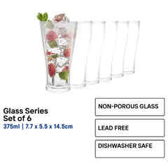 Union GLASS Thailand Clear Glass Highball Water, Juice, Soda, Liquor Glass 375ml Set of 6