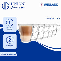 Union GLASS Thailand Clear Glass Cup Coffee, Tea, Hot Chocolate, Milk 340ml Set of 6