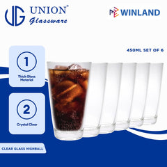 Union GLASS Thailand Clear Glass Highball Water, Juice, Soda, Liquor Glass 445ml Set of 6
