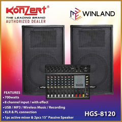 Konzert by Winland 3pcs Home Gig Studio Set 1pc Active Mixer and 2pcs 15" Passive Speaker HGS-8120