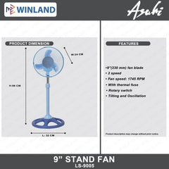 Asahi by Winland Electric Fan | 9inches(230 mm) Stand Fan Banana Type LS-9005