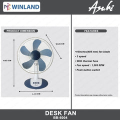 Asahi by Winland Electric Fan | 16inches(405 mm) Desk Fan BB-6004