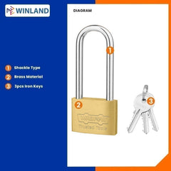 Wadfow Heavy Duty Long Shackle Brass Padlock Padlock 30mm-50mm W/ 3 Pcs Iron Keys WAD-HT