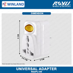 Royu 10A 250v Universal Adapter/Adaptor with Switch & 2-USB Port REDPL109