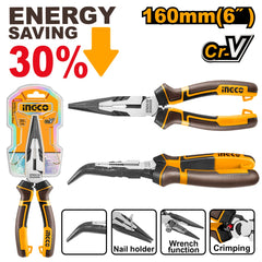 Ingco by Winland 6inches/160mm High Leverage Curved Nose Plier Cr-V Steel Material HHBNP28160 ING-HT