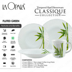 La Opala by Masflex 8PCS/Set Classique Decorated Tempered Glass/Microwave Safe Fluted Green OP-8FG