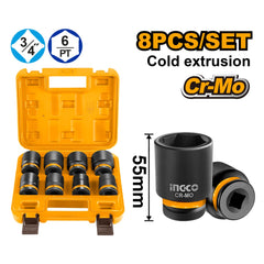 Ingco by Winland Heat Treatment Cr-Mo Material 8PCS Dr. Impact Socket Set 3/4in 55mm HKISSD34081