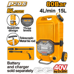 Ingco by Winland P20S/20V 15L Lithium-Ion Brushless Motor Cordless Pressure Washer CPWLI4006 ING-CT