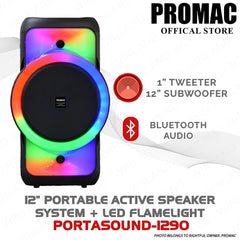 Promac by Winland 12in Portable BL Speaker with Trolley and LED Flamelight 200W PMPO PORTASOUND-1290