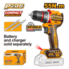 Ingco by Winland P20S/20V Lithium-Ion Compact Brushless Cordless Drill 55NM CDLI205582 | CDLI205581