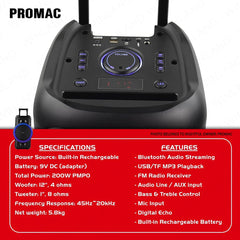 Promac by Winland 12in Portable BL Speaker with Trolley and LED Flamelight 200W PMPO PORTASOUND-1290
