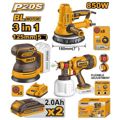 Ingco by Winland P20S/20V 3PCS Combo Kit with Lithium-Ion Cordless Random Orbital Sander ING-CT