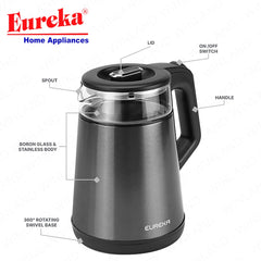 Eureka by Winland 1.2L Glass-Safe Electric Kettle Borosilicate Glass & Stainless Body Elegant Design