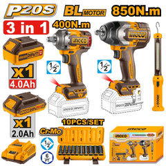 Ingco by Winland P20S/20V 3PCS Combo Kit w/ Li-Ion Cordless Impact Wrench & Fastening Torque 400Nm