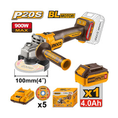 Ingco by Winland P20S/20V Brushless Motor Lithium-Ion Cordless Angle Grinder M10/100mm ING-CT
