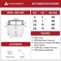 Hanabishi by Winland Aesthetic Rice Cooker 2.8L serves 15 cups Glass Cover with Steamer HHRC-28WHT