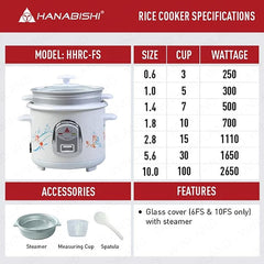 Hanabishi by Winland 1.0 Liter (5 Cups) Glass Lid Rice Cooker with Steamer Rack HHRC-10FS