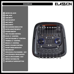 Elassion l Cosmic 8" 120W Subwoofer Portable Party Box Rechargeable Speaker with 1pc Wireless Mic