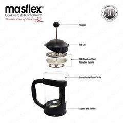 Masflex by Winland 800 ml to 1 L Borosilicate Glass French Coffee Press Coffee Lovers Modern Design