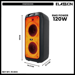 Elassion l Cosmic 8" 120W Subwoofer Portable Party Box Rechargeable Speaker with 1pc Wireless Mic