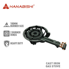 Hanabishi by Winland Cast Iron Gas Stove 2 Adjustable Gas Valves 2 Burner Rings 180mm HCI-50