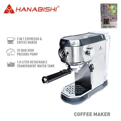Hanabishi by Winland 1L 2-in-1 Espresso and Coffee Maker 15 Bar High Pressure Pump HESPCM2IN1-65SS