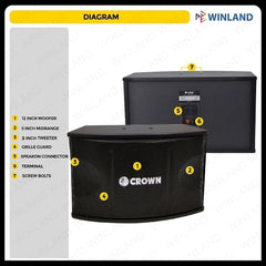 Crown by Winland 12inches Karaoke Speaker System 3-Way / 8 ohm 650W (2)PCS Per Order BF-1208