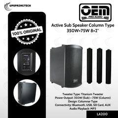 OEM Pro Audio LA200 Active Sub Speaker Column Type 350W+75W 8×2″ Bluetooth USB Set