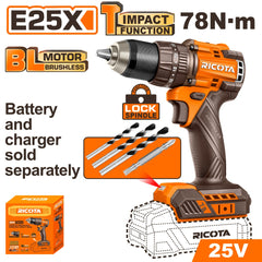 Ricota E25X Compact Brushless Cordless Impact Drill 25V 13mm Chuck Capacity 78NM