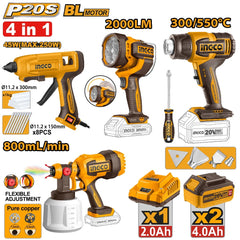 Ingco by Winland P20S/20V 4PCS Combo Kit (CSGLI2004/HGLI2006/GG408/CWLI2088) COSLI50501 ING-CT