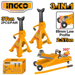 Ingco by Winland 2.5 Ton Floor Jack and 2×3 Ton Jack Stands Combo Set – HJCS2503 ING-HT