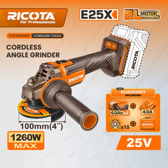 Ricota E25X Brushless Cordless Angle Grinder 25V 100mm Disc diameter