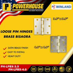 Powerhouse by Winland Loose Pin Hinges Brass Bisagra Satin Brass Finish 3.5 x 3.5 | 4.0 x 4.0