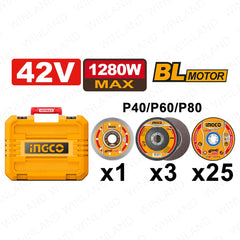 Ingco by Winland 42V/1280W Brushless Motor Lithium-Ion Cordless Angle Grinder CAGLI4128102 ING-CT