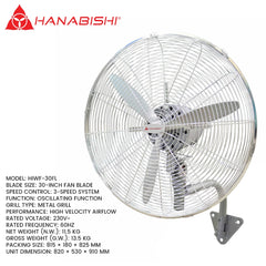 Hanabishi by Winland 30" Industrial Wall Fan 210W HIWF-30FL