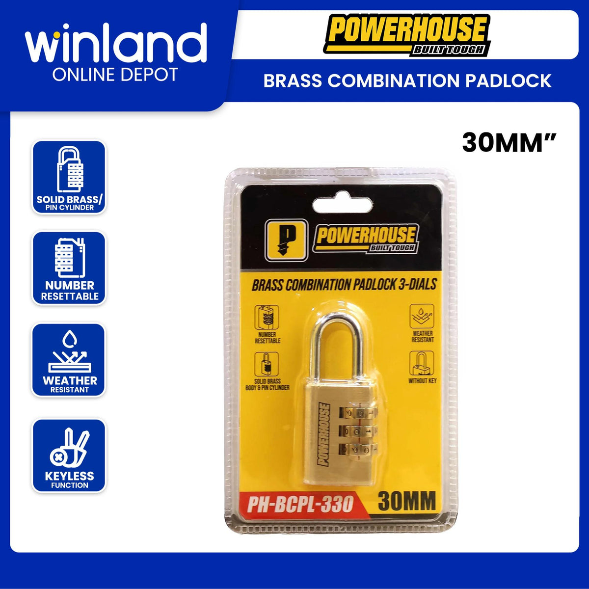 Powerhouse by Winland 30mm Brass Combination Padlock 3Dials w/ Solid Brass|Pin Cylinder PH-BCPL